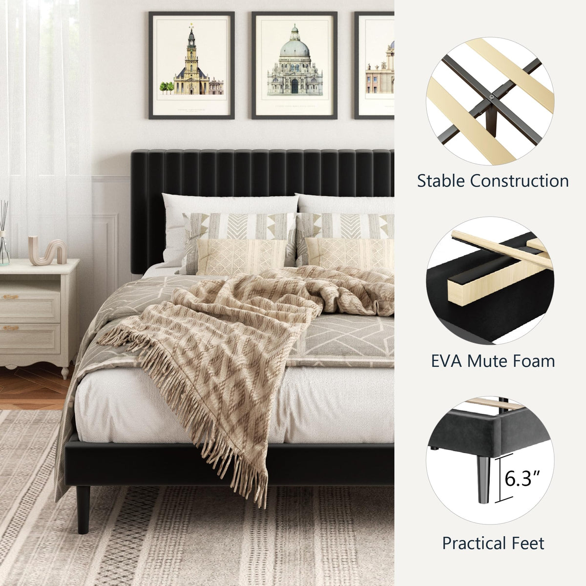 HAOARA Queen Size Platform Bed Frame with Velvet Upholstered Headboard, Queen Bed Frame with Strong Wood Slats, Box Spring Optional, Mattress Foundation, Easy Assembly Black