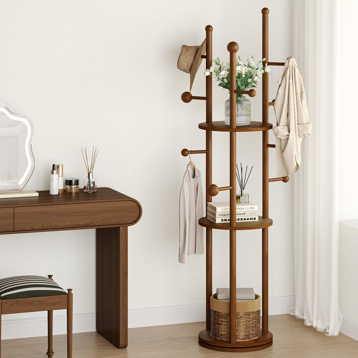 Rotating Wood Coat Rack with Shelves