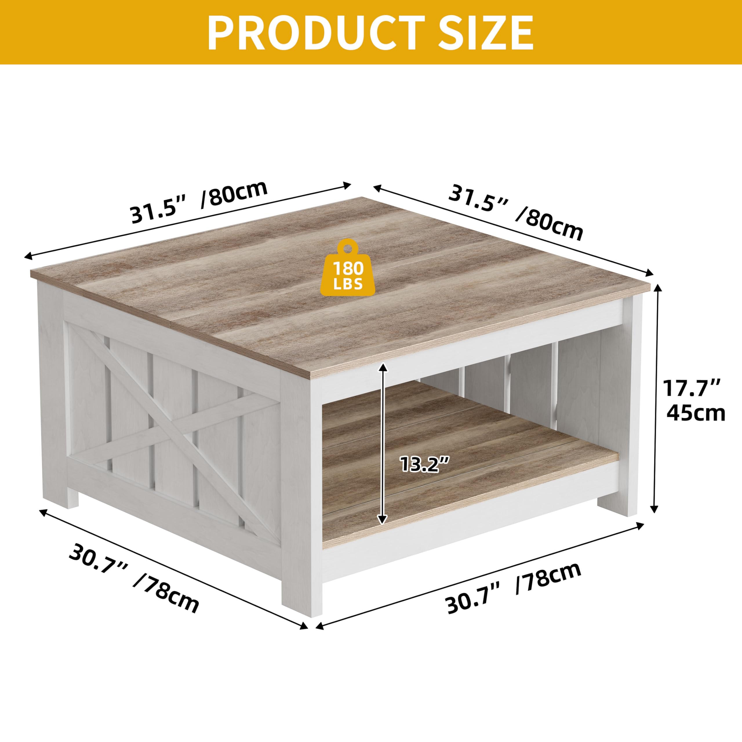 DWVO Square Coffee Table for Living Room, Farmhouse Coffee Table with Storage, 2-Tier Wood Coffee Tables Center Table with Half Open Storage Compartment, Grey Wash