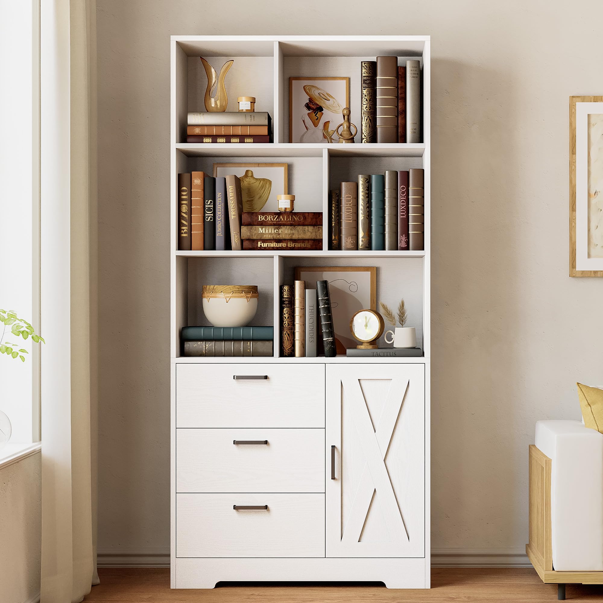 IRONCK Bookshelf, 70.9 Inch Tall Bookcase, White Book Shelf with Doors and 3 Drawers, 3-Tier Bookshelves with 6 Open Cubes for Home Office, Living Room, Study