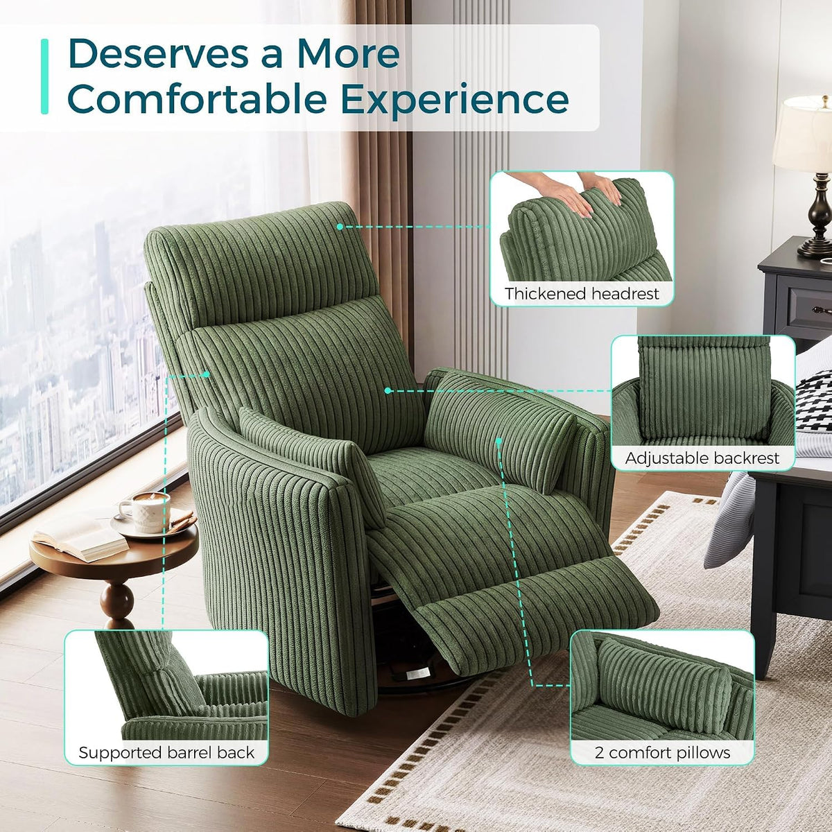 Green Corduroy Power Swivel Recliner