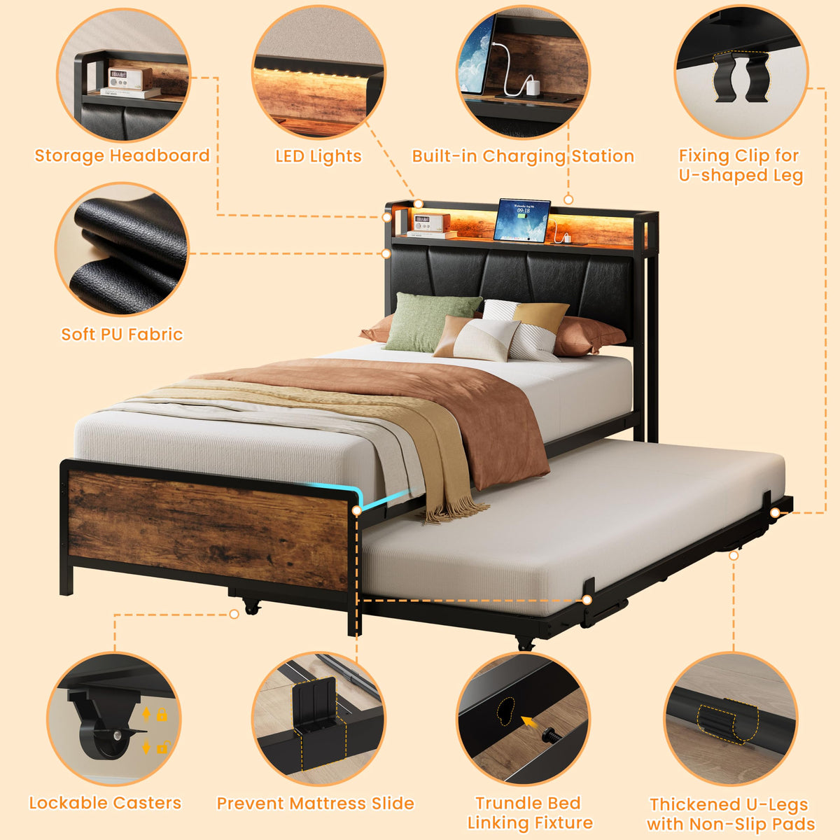 LIKIMIO Twin Daybed with Trundle Bed, Convertible to King, Lights, Charging