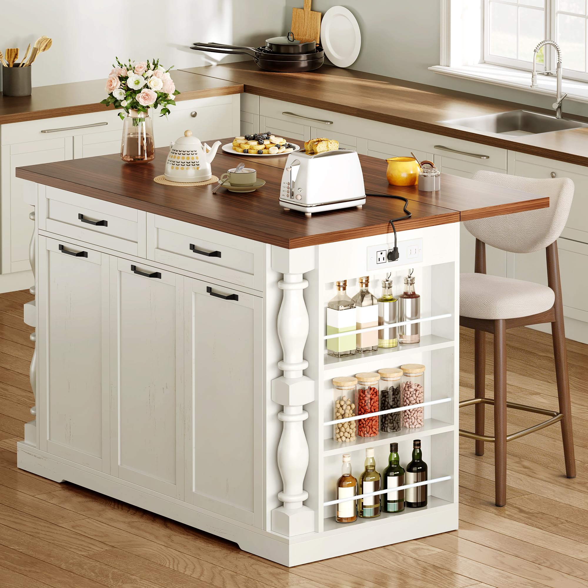 Homiflex Kitchen Island with Power Outlet & Trash Cabinet, 47.6" Roman Style Rolling Kitchen Island with Drop Leaf Tabletop 11.8", Kitchen Cart with Spice Rack & Drawers & Cabinets Coffee Bar Station