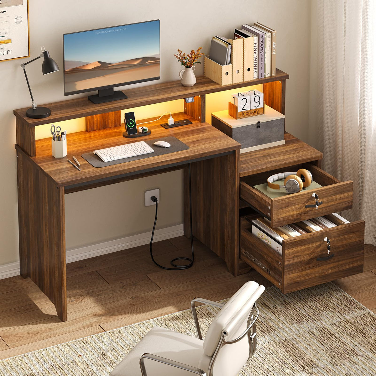 Bestier 55-Inch Computer Desk with Lock File Drawer & Charging Hub, Walnut