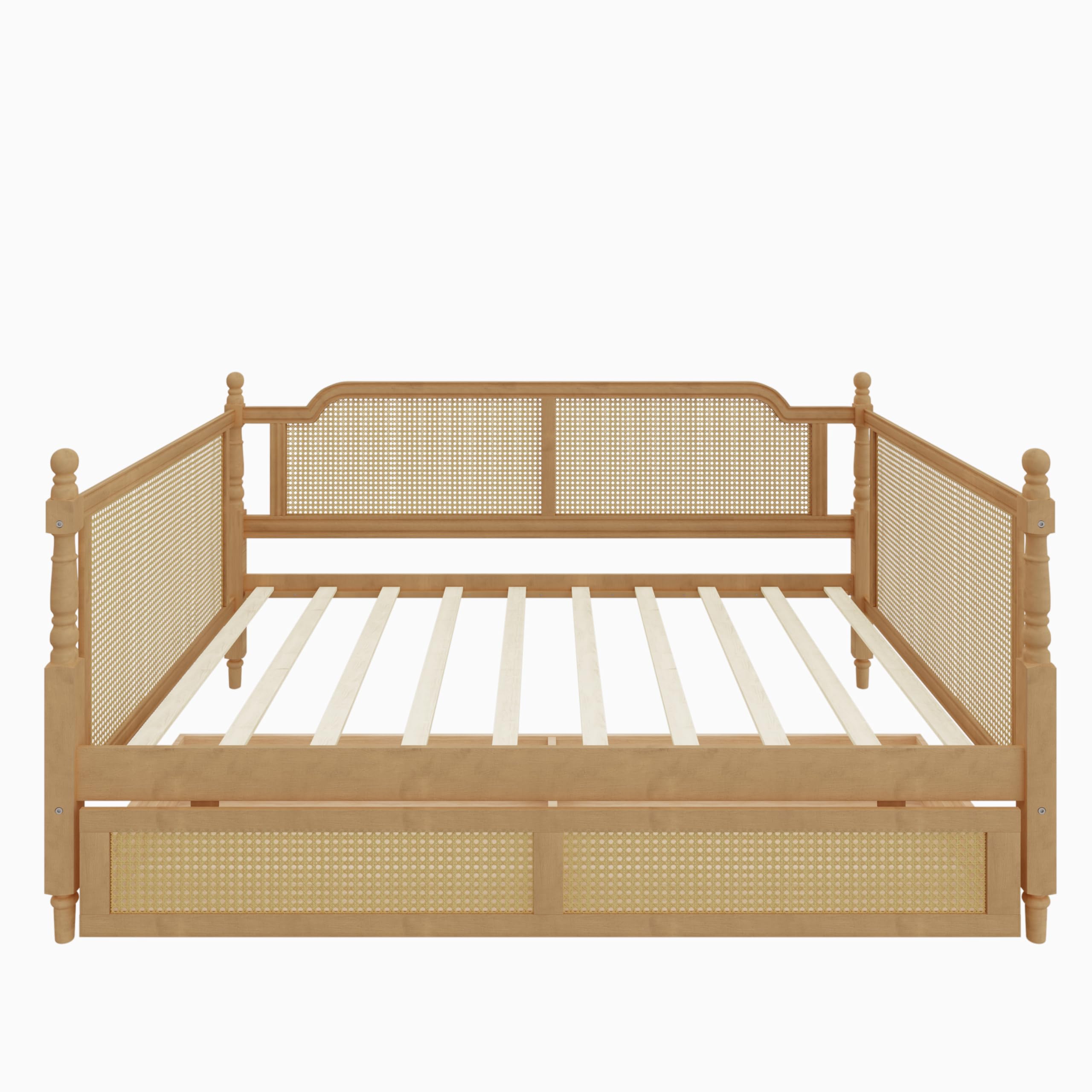 SOFTSEA Rattan Full Daybed with Storage Drawers, Traditional Boho Daybed with Wood Slats Support for Living Room Bedroom, No Box Spring Needed, Easy Assembly, Antique Walnut