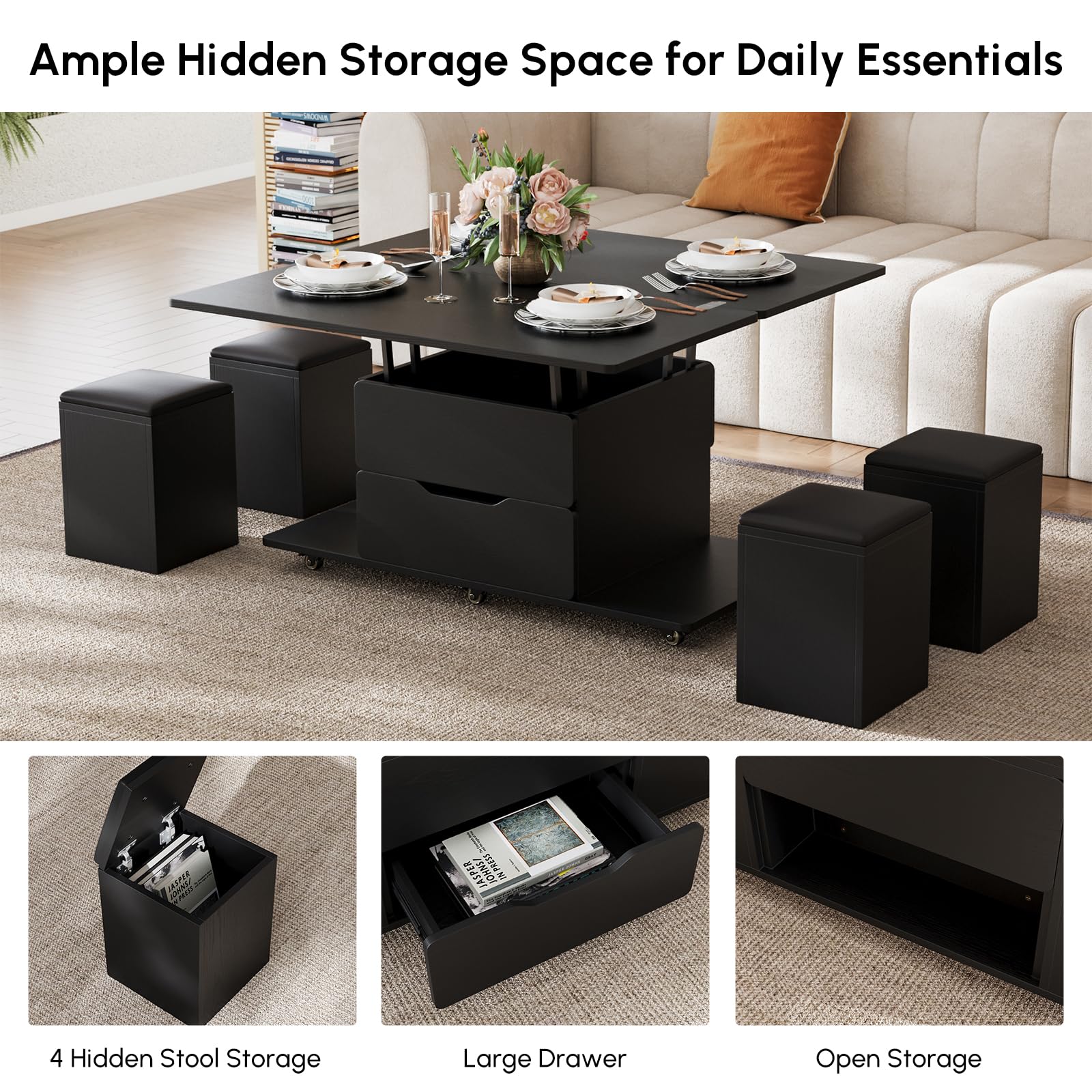 homary Coffee Table with Stools, Black 3-in-1 Modern Lift-Top Folding Center Table with Hidden Storage, Casters, and Lockable Wheels ¨C Convertible Dining & Office Table for Living Room