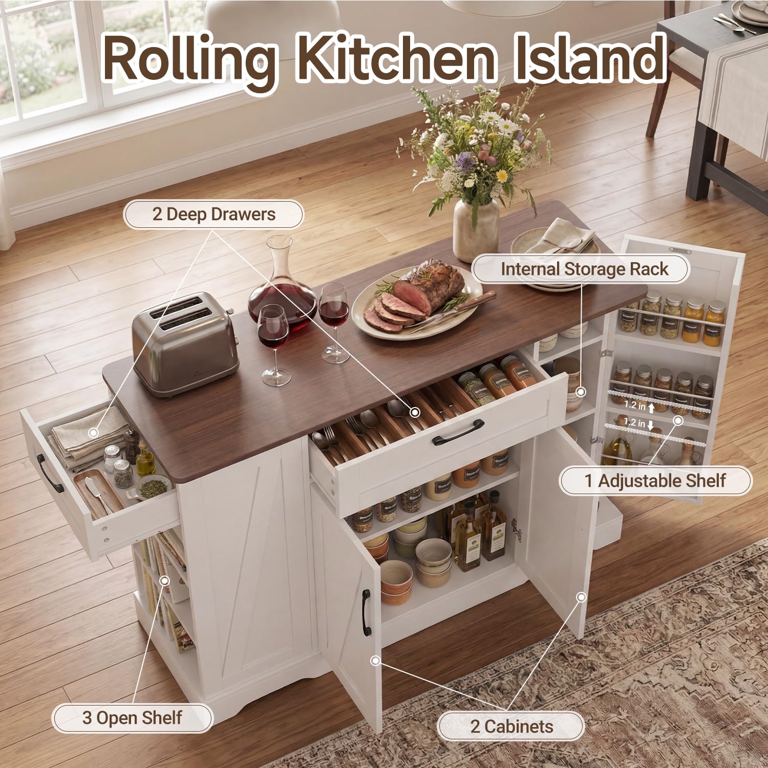 47" Rolling Kitchen Island Cart with Storage