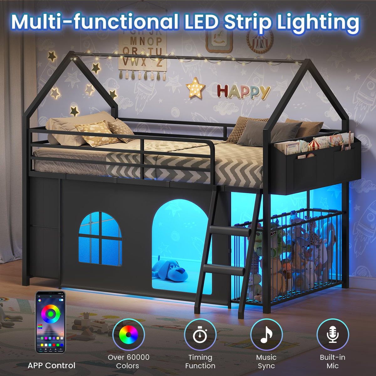 Low Loft Bed T Size with 6 Storage Drawers,Stuffed Animal Storage,LED Light