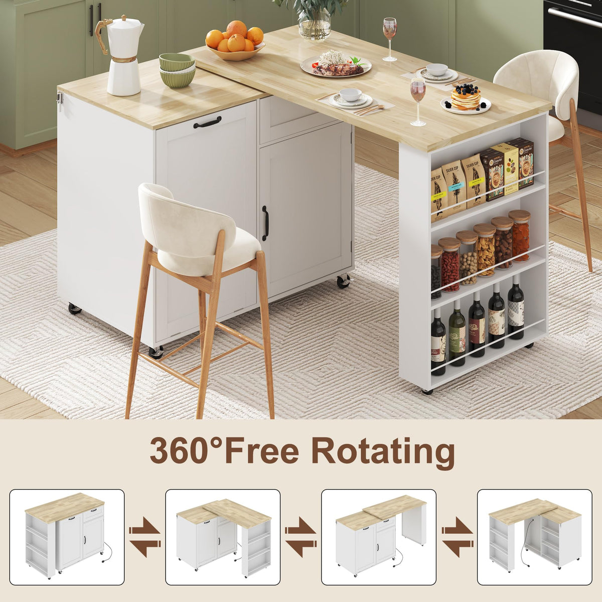 Rotating Kitchen Island with Trash Cabinet
