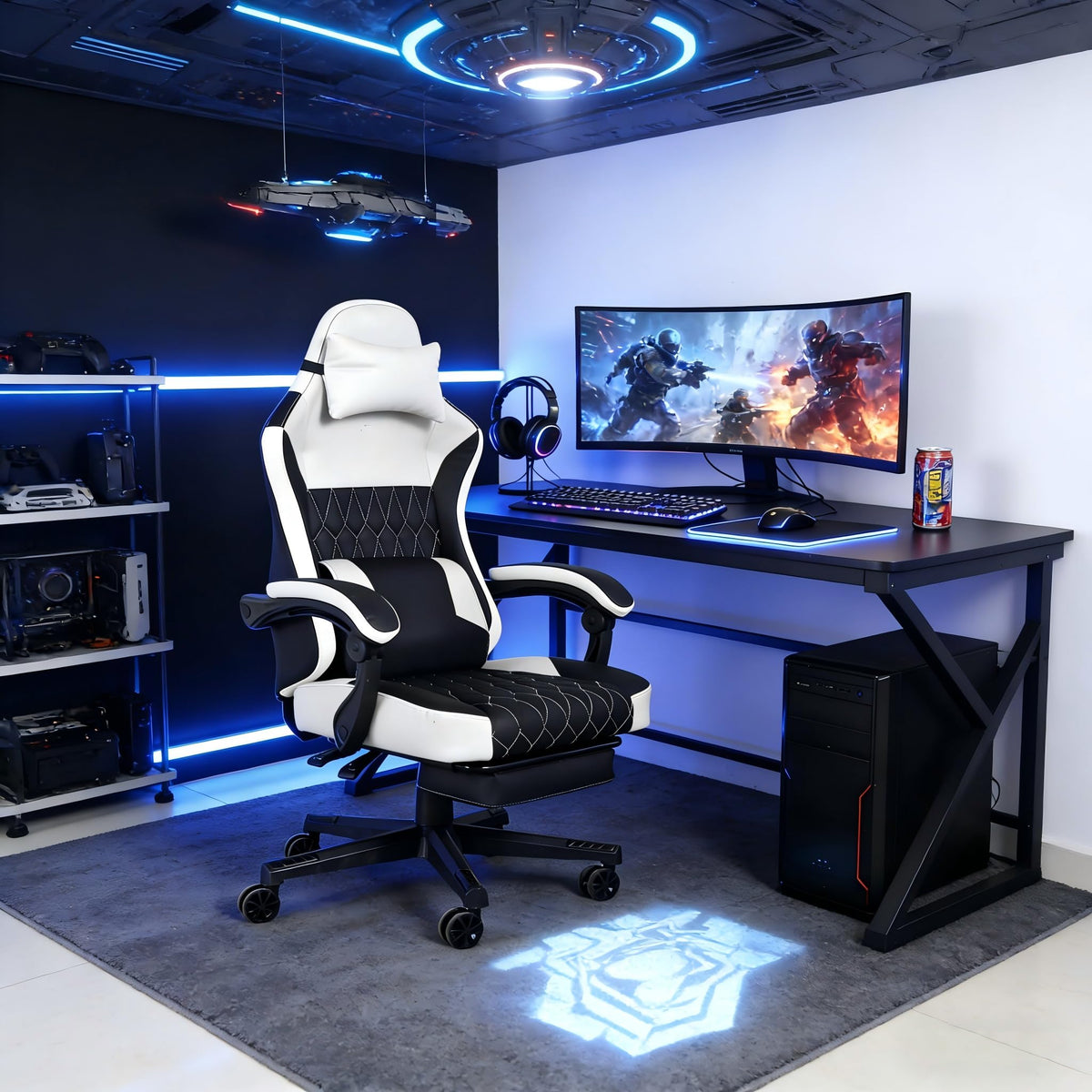 Gaming Chair with Footrest and Massage Support