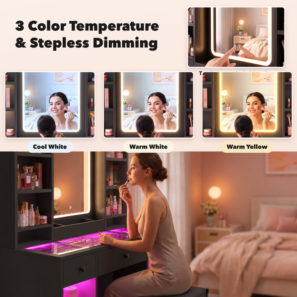 43" Vanity Desk with Mirror & Lights, Glass Top Makeup Vanity Set, Black