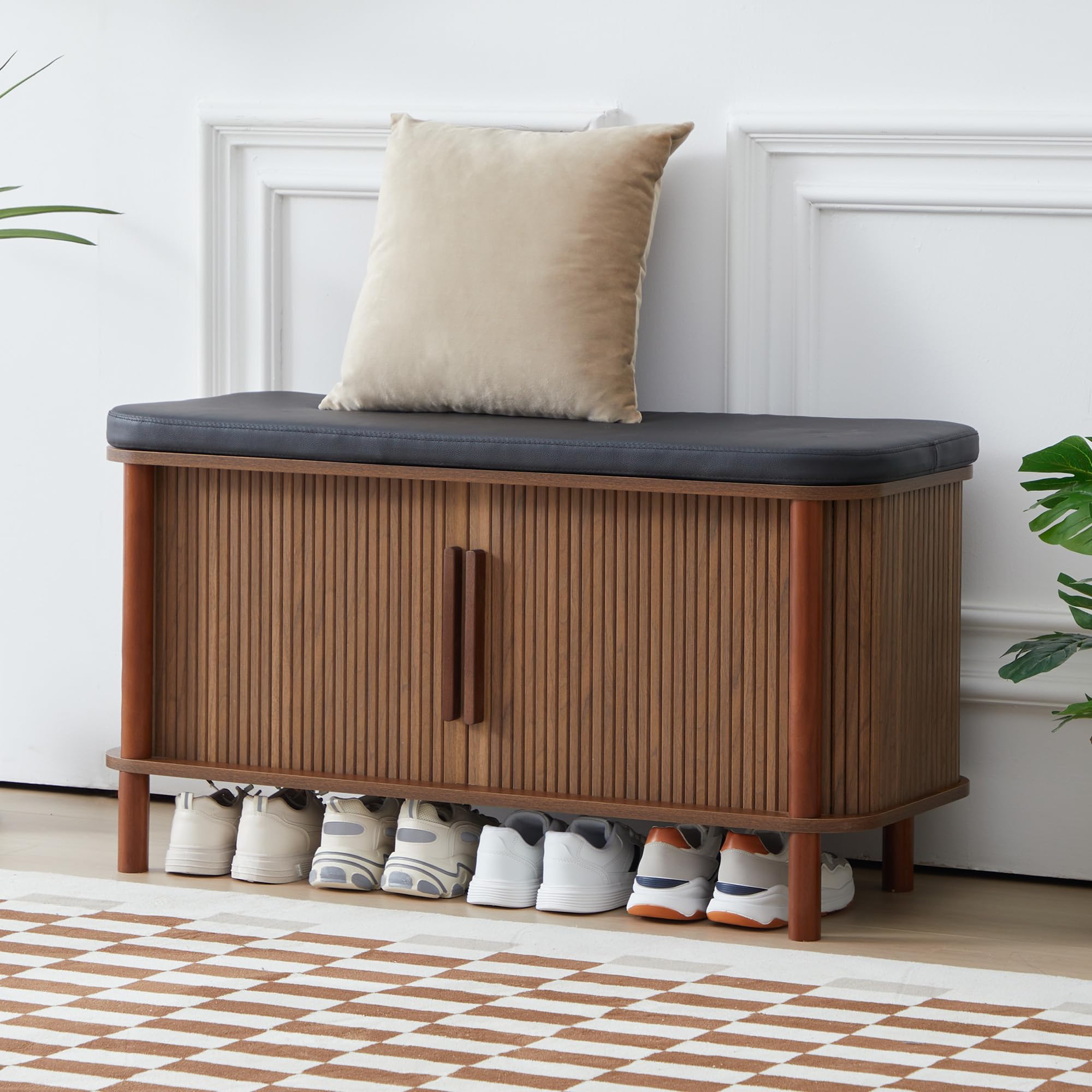 Shoe Bench with Sliding Door & Leather Cushion