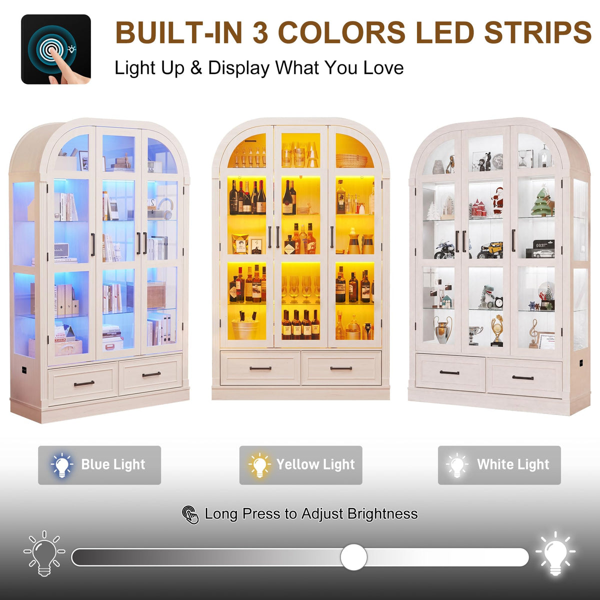 74" Arched Display Cabinet with Glass Doors and Drawers,Motion Sensor 3-Color Lights,Glass Curio Cabinet,5-Tier Showcase for Collectibles,Action Figures,Living Room,Trophy,Books(Antique White)