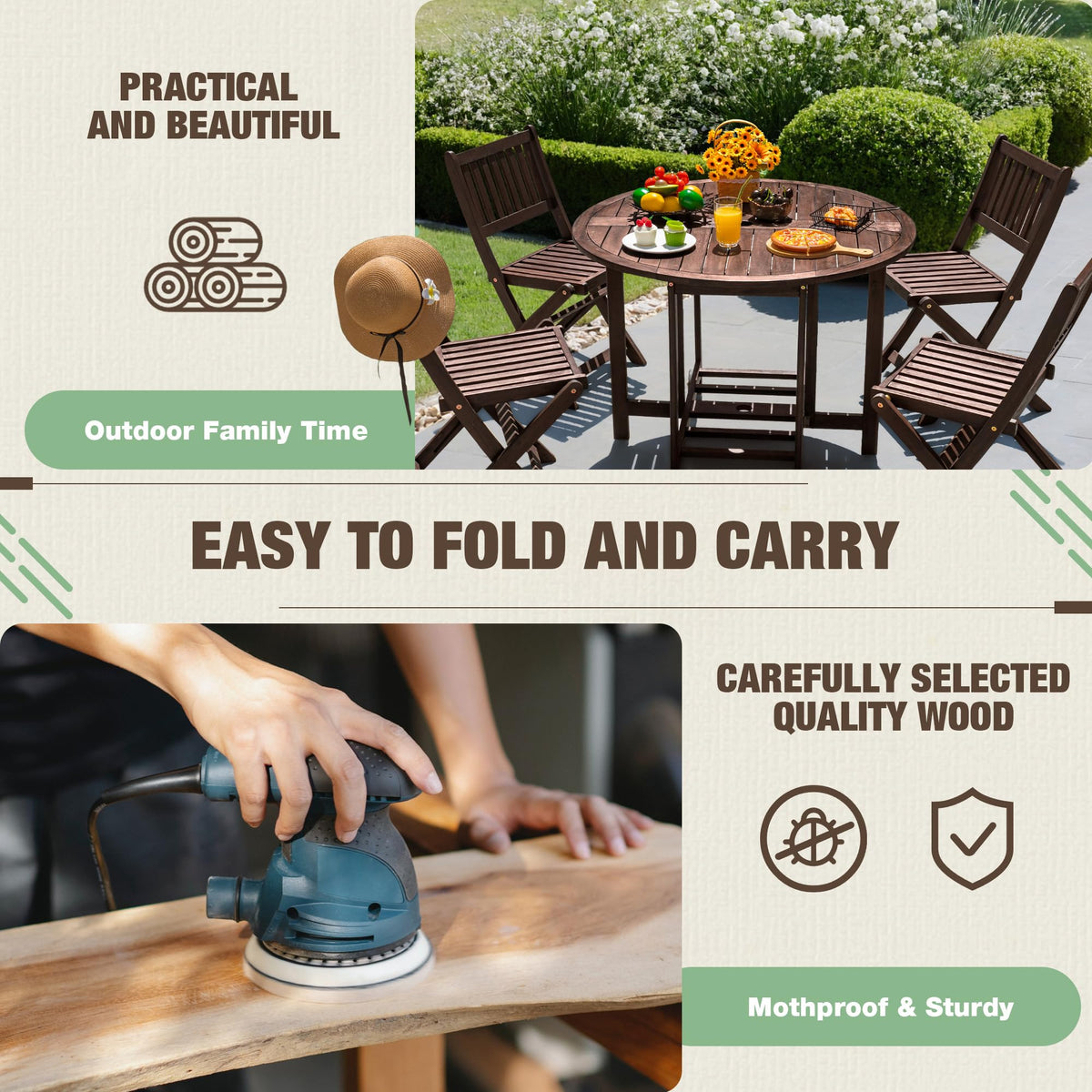 Devoko Acacia Wood Outdoor Patio Folding Table and Chairs Set for 4