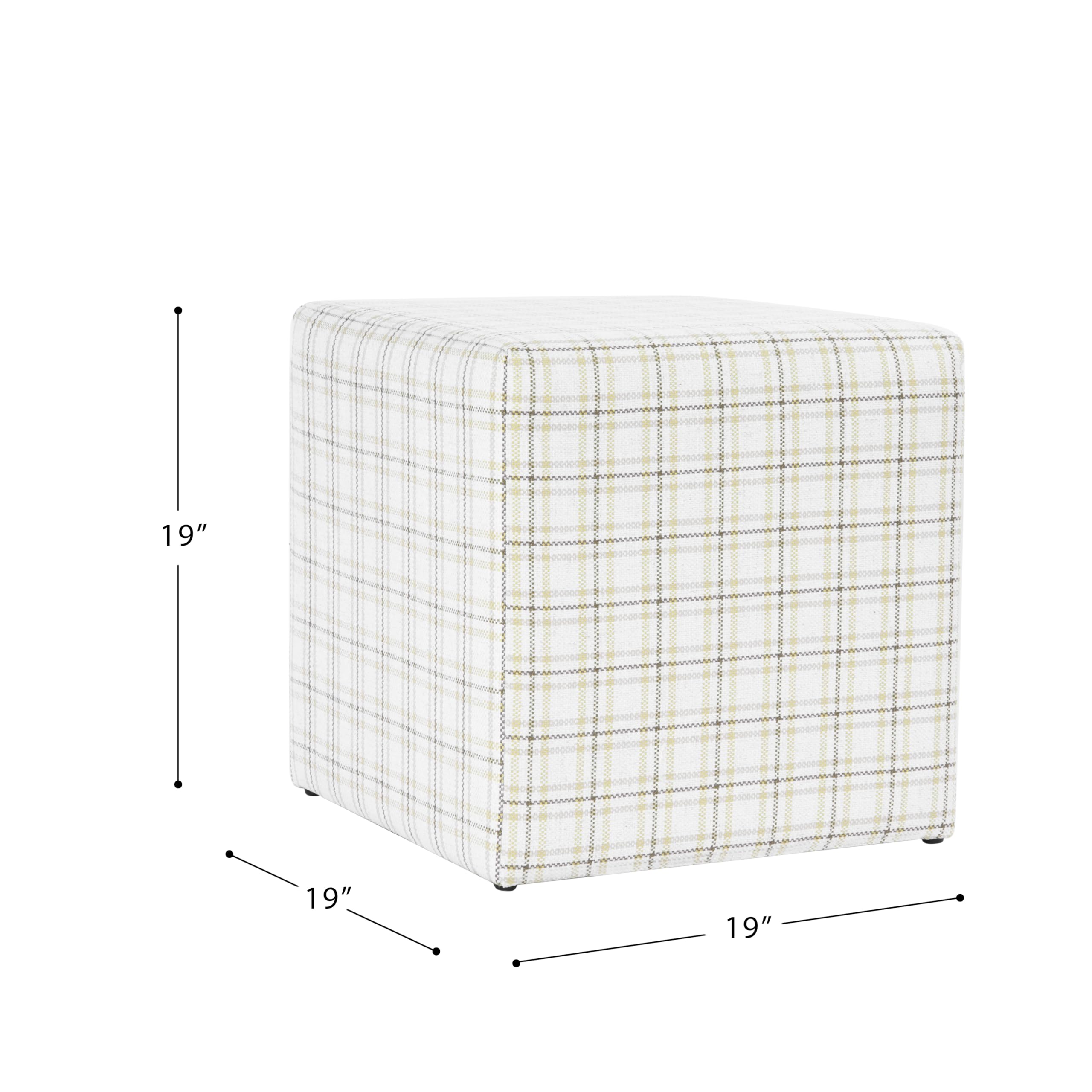 HomePop 19” Square Upholstered Ottoman with Solid & Engineered Wood Frame, Modern Cube Accent Stool for Living Room, Bedroom or Entryway - Natural Plaid Woven Fabric