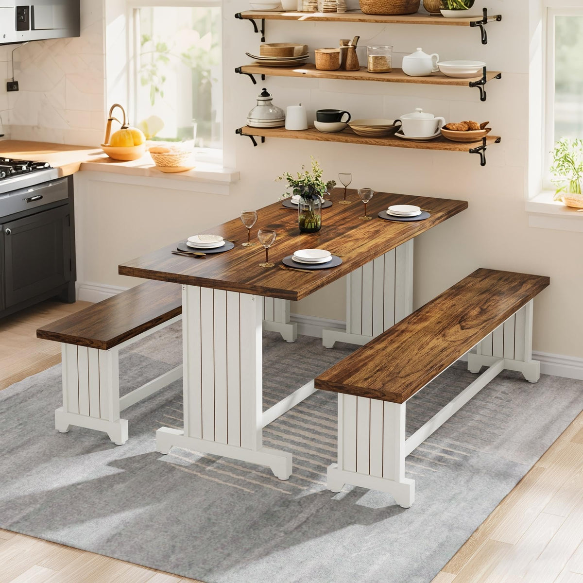 Tribesigns 47-Inch Small Dining Table Set for 2, 3-Piece Kitchen Table with 2 Benches, Farmhouse Wood Dinner Furniture for Narrow Space, Apartment, White & Rustic Brown