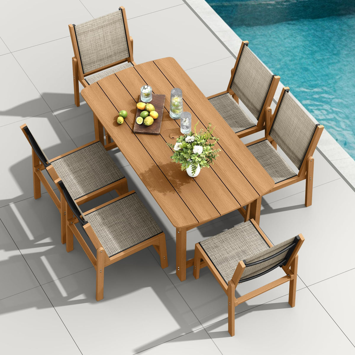 SUUNYN HDPE Outdoor Patio Dining Set with Table & 6 Stackable Armless Textilene Chairs, All-Weather 7-Piece Patio Furniture Set with Umbrella Hole for Lawn & Garden, Poolside, Backyard | Teak