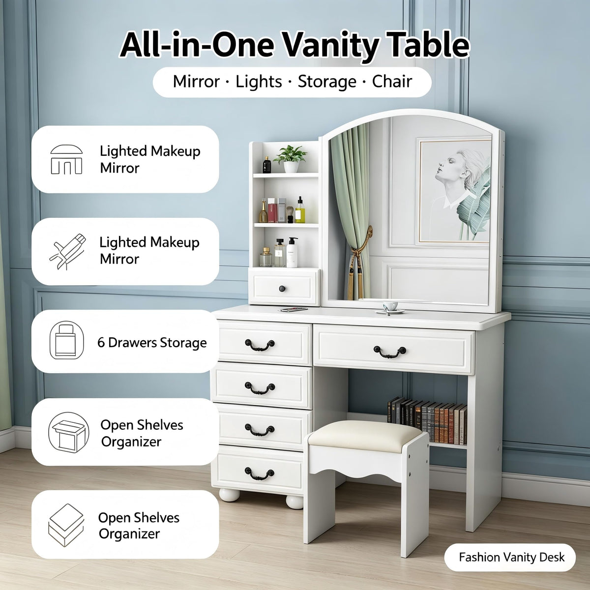 PVWIIK Vanity Desk with LED Lighted Mirror, 3 Dimmable Light Modes, Makeup Vanity Set with Chair, 6 Drawers & Open Storage Shelves, White Dressing Table for Bedroom