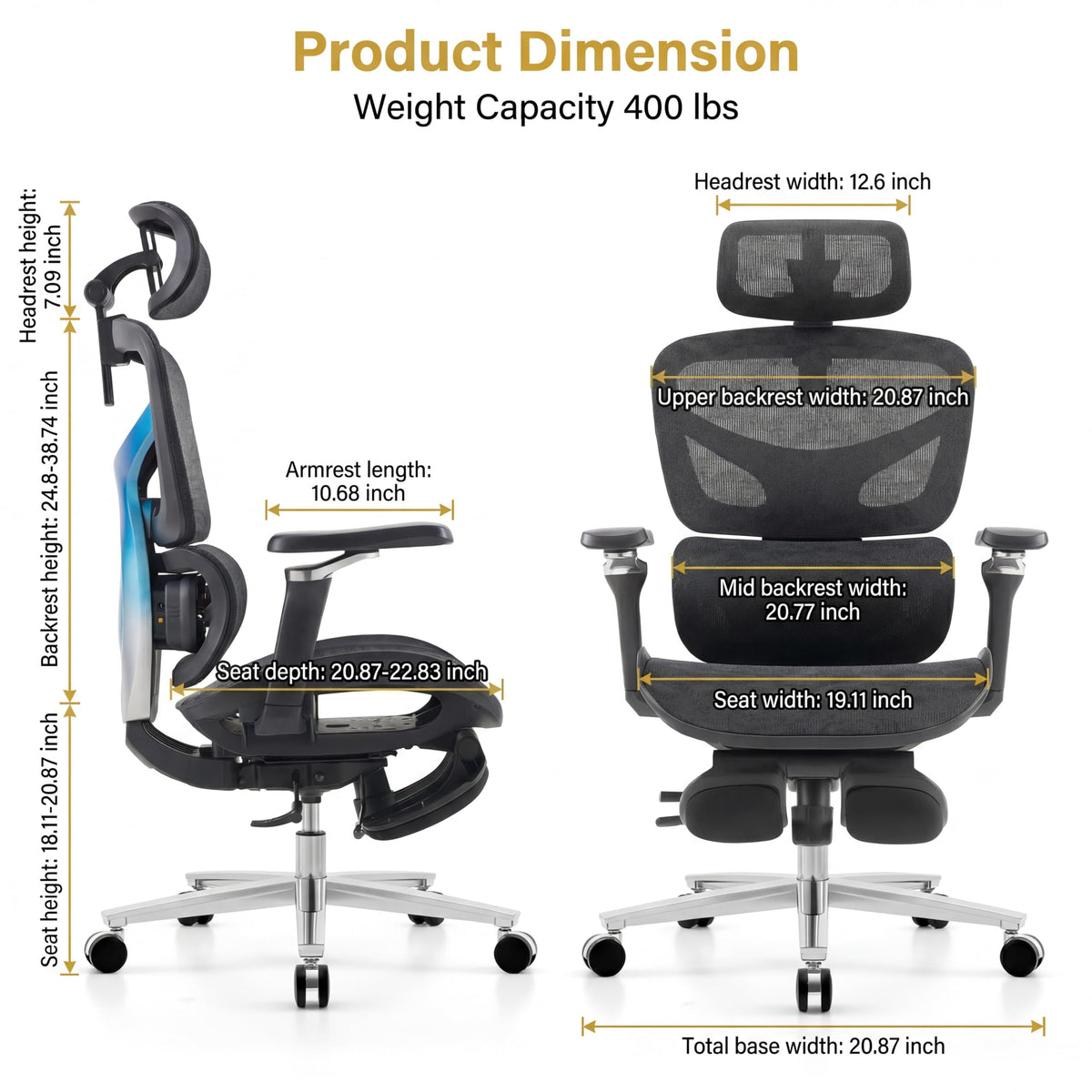 Ergonomic Office Chair with Footrest & 3D Massage Lumbar Support, Adjustable Seat Depth & Back Height,Big and Tall,400lbs, 4D Headrest, 4D Armrests, Reclining Office Chair for Home Office (Black)