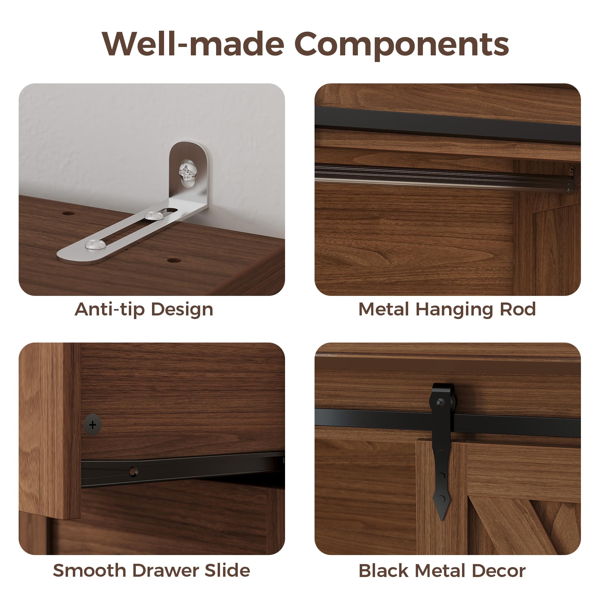 IRONCK Armoire Wardrobe Closet with 4 Drawers,71" Wardrobe Cabinet with Sliding Barn Doors, Tall Clothing Storage Cabinet with Hanging Rod and Shelves for Bedroom,Walnut