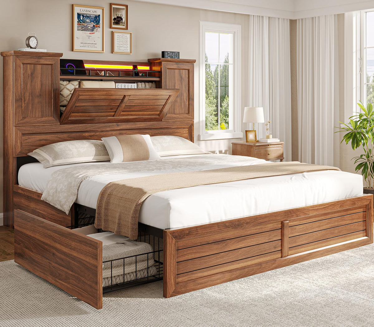 VIAGDO Queen Bed Frame with Headboard and Storage Cabinets, Farmhouse Bed Frame Queen Size with Charging Station and LED Lights, Wooden Platform Bed Frame with 4 Drawers, No Box Spring Needed, Brown