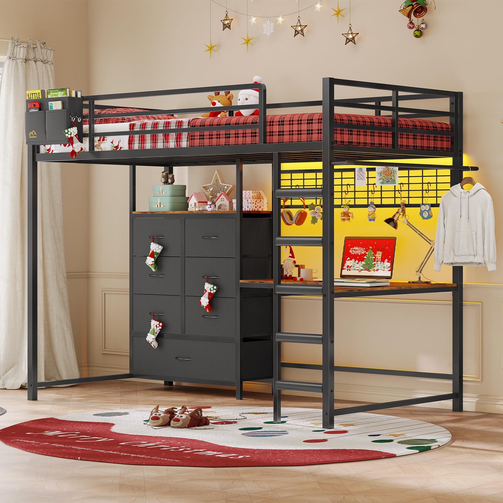 Twin Loft Bed with L-Shaped Desk & Storage