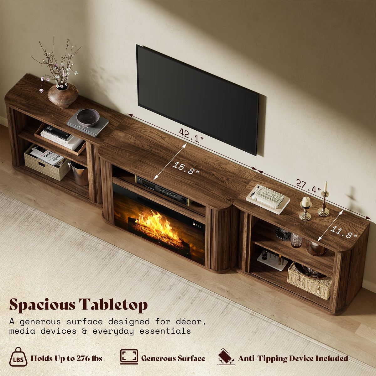 AMERLIFE 97" Fluted Electric Fireplace TV Stand, Mid Century Modern, Walnut