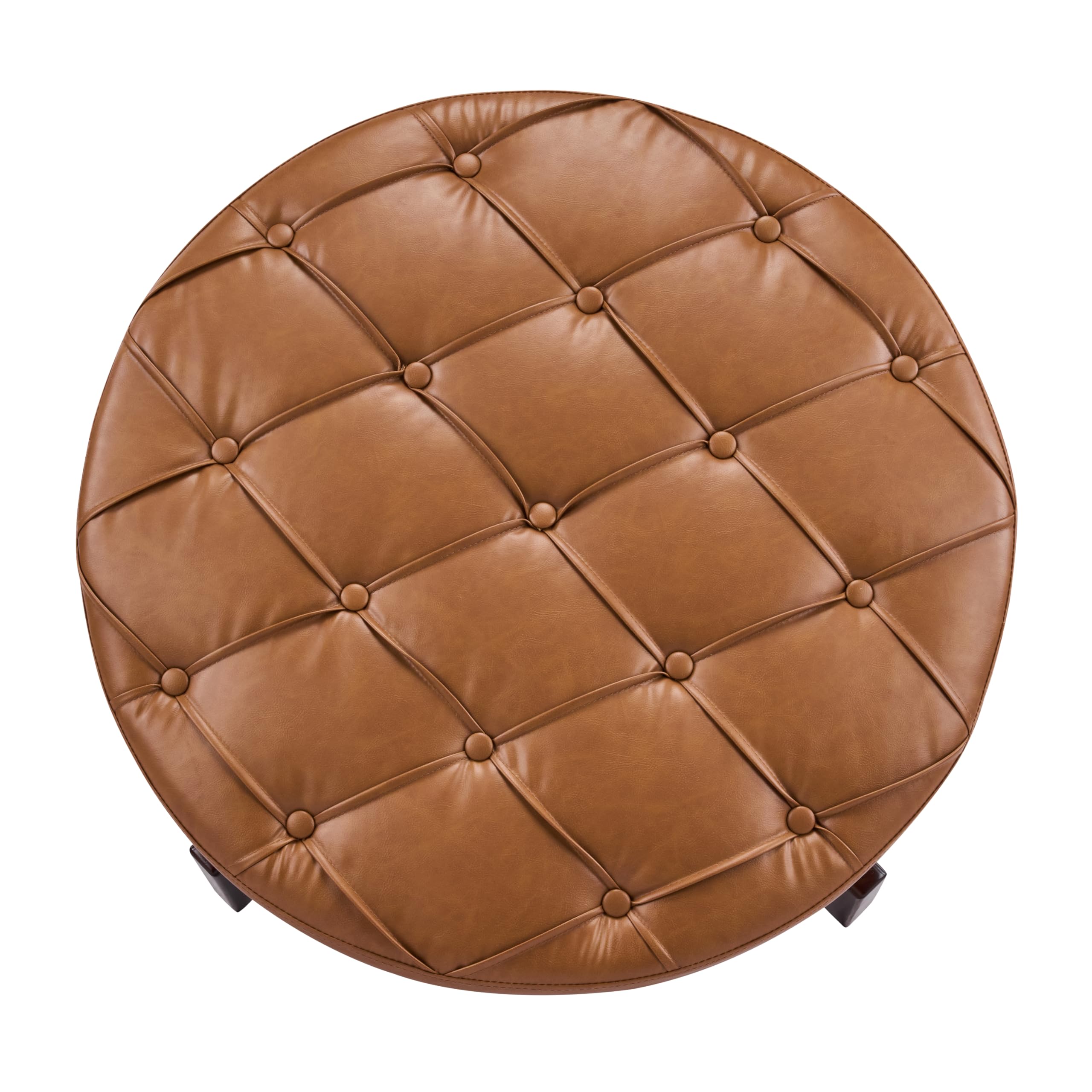 Christopher Knight Home 32" Round Storage Ottoman with Reversible Wooden Lid, Faux Leather Tufted Coffee Table, 2-in-1 Storage Ottoman, Hidden Storage Compartment, Solid Rubber Wood Base, Brown