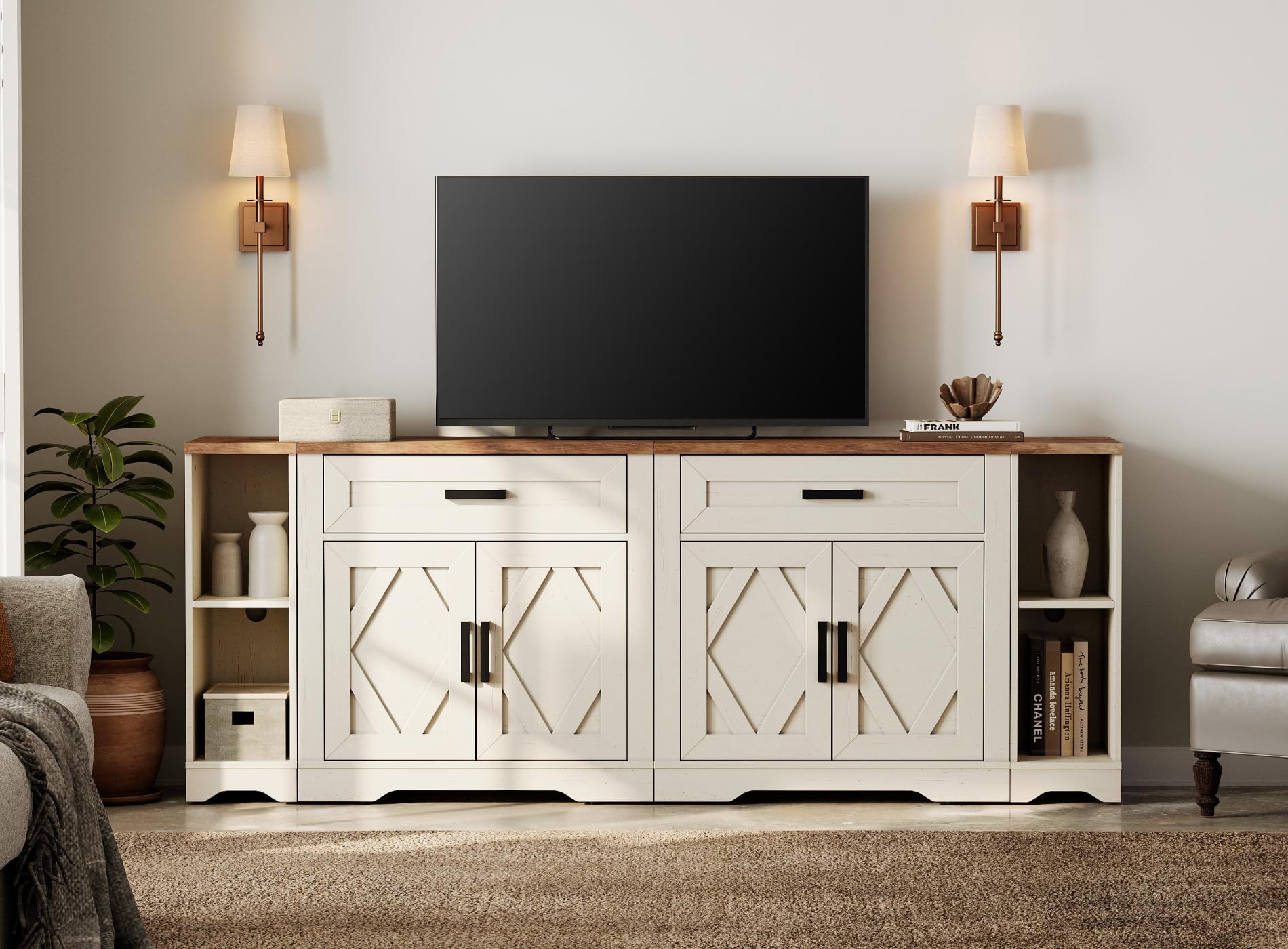 WAMPAT 82.7" W TV Stand for up to 95" TVs,Farmhouse Entertainment Center with Storage Barn Door Cabinet,TV Console Table with Media Cabinet and Drawers for Living Room,Bedroom,Cream White