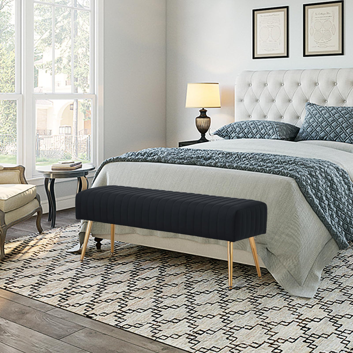 Black Velvet Bench with Gold Legs