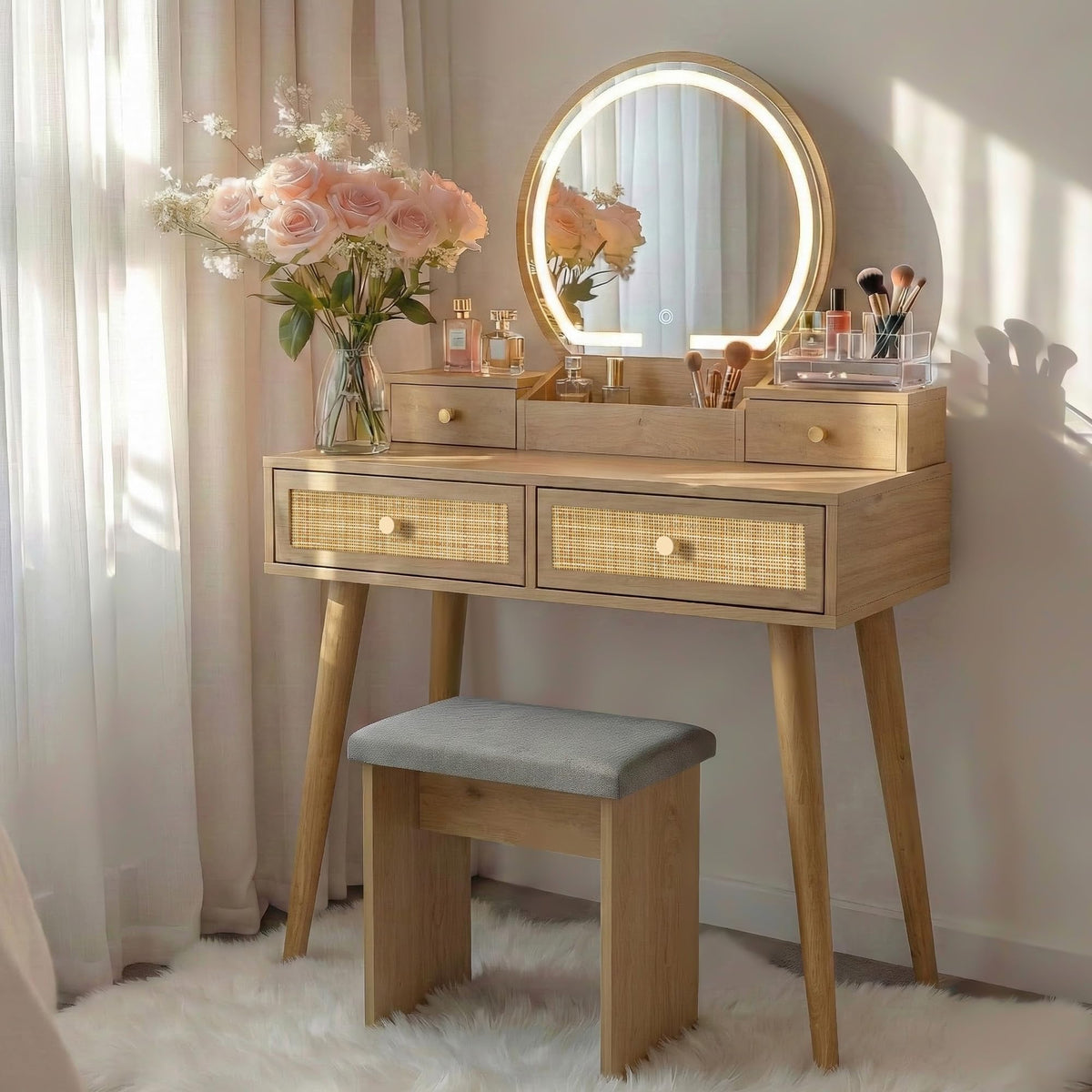 Rattan Vanity with LED Mirror