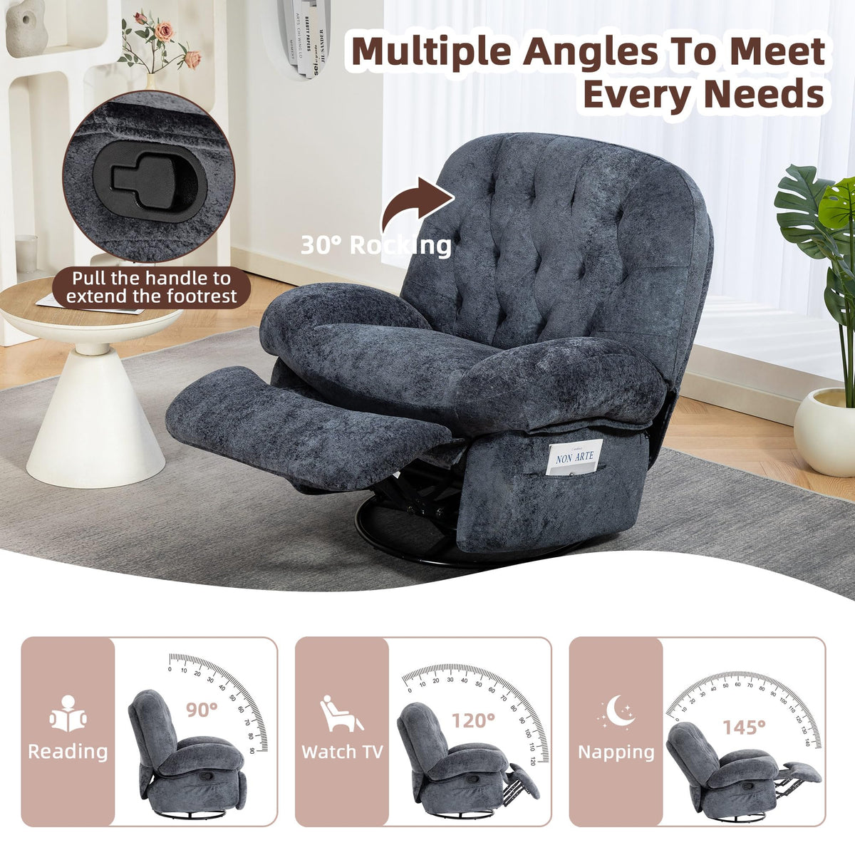 AISALL Recliner Chair for Adults, 360° Swivel Manual Recliner with Side Pocket, Nursery Rocking Chair with Comfortable Chenille Arms and Back for Living Room, Bedroom, Reading (Grey)