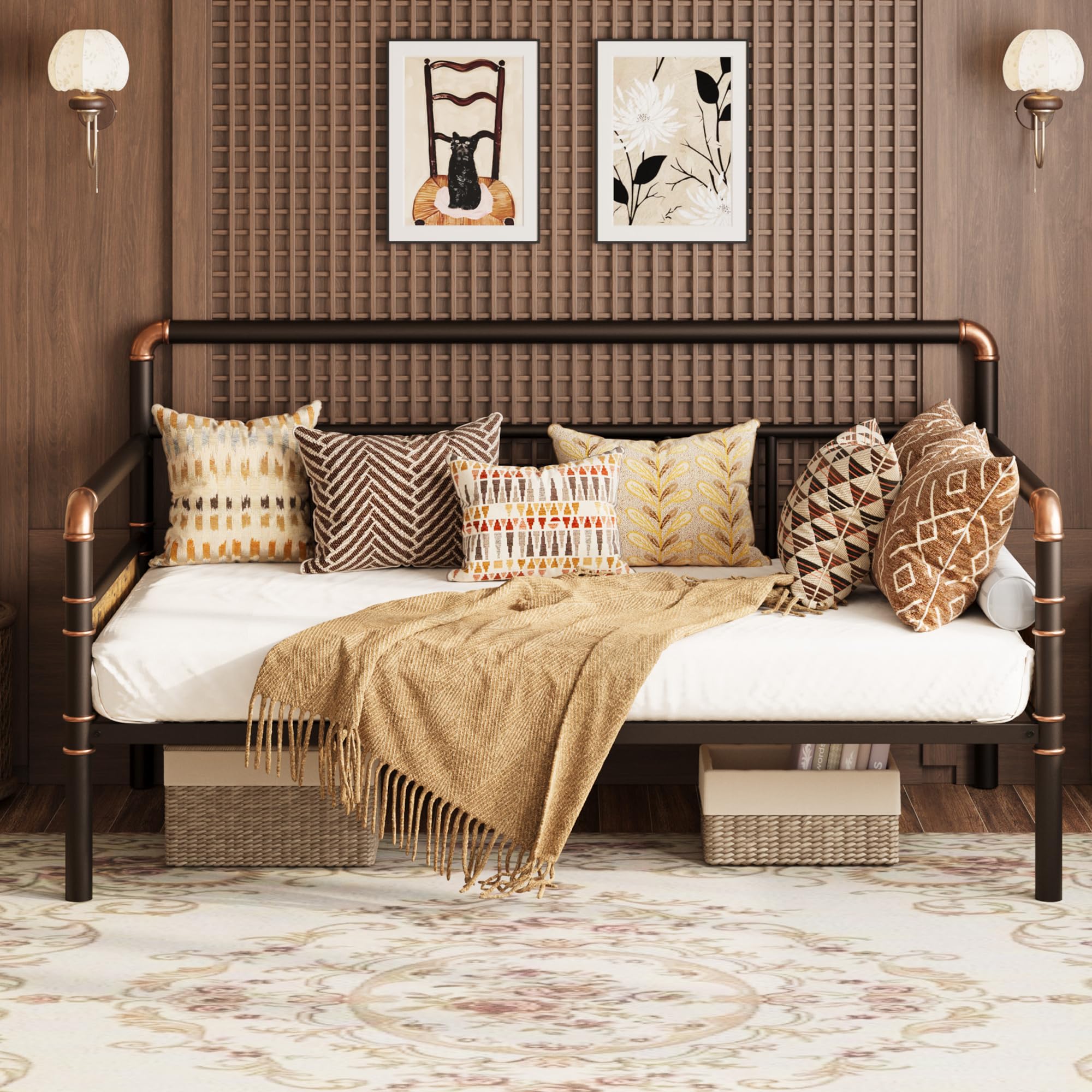 Garvee Metal Daybed Frame Twin Size, Heavy Duty Day Bed with Classic Headboard and Steel Slat Support, Sofa Bed Platform for Living Room Guest Room, No Box Spring Needed，Brown