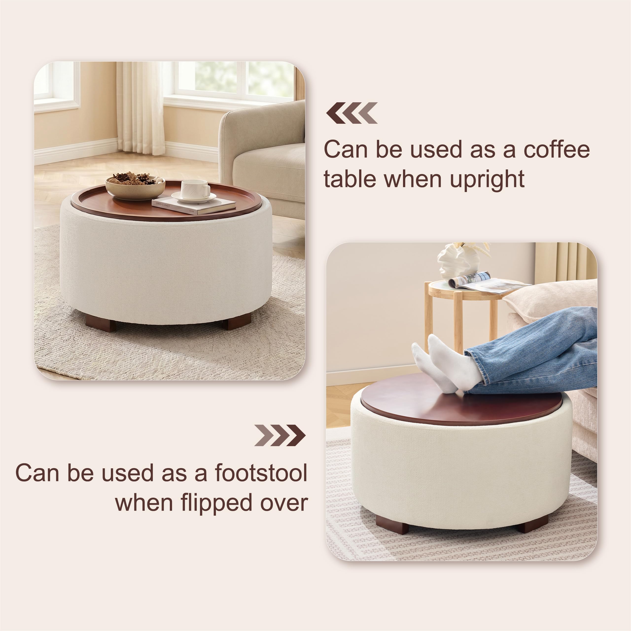 Huatean Home 29.1 Inch Round Coffee Table, Storage Ottoman with Removable Lid Top and Solid Wood Legs, Round Ottoman with Storage for Living Room, Bedroom, Corners, Entryway, Boucle Ottoman, Beige