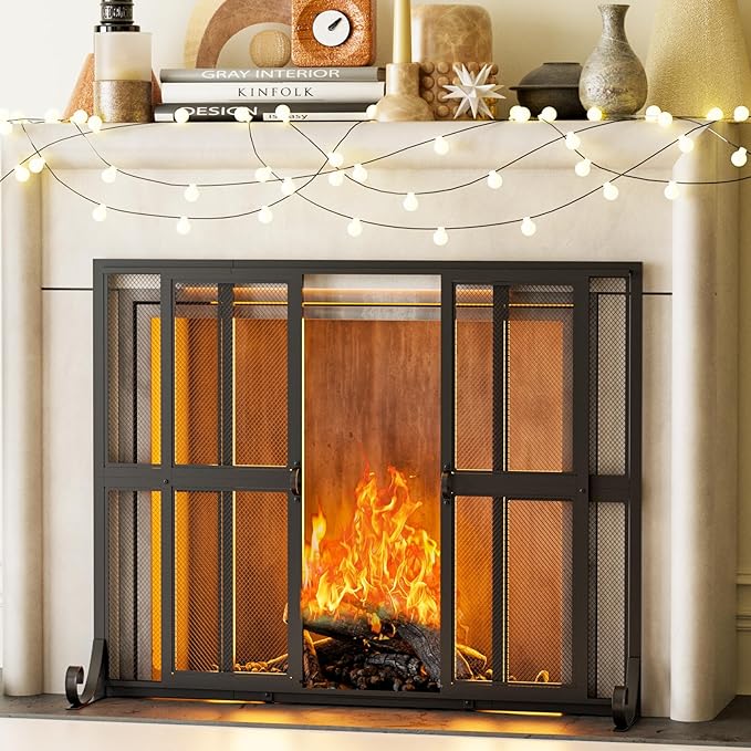 Wrought Iron Fireplace Screen with Sliding Doors