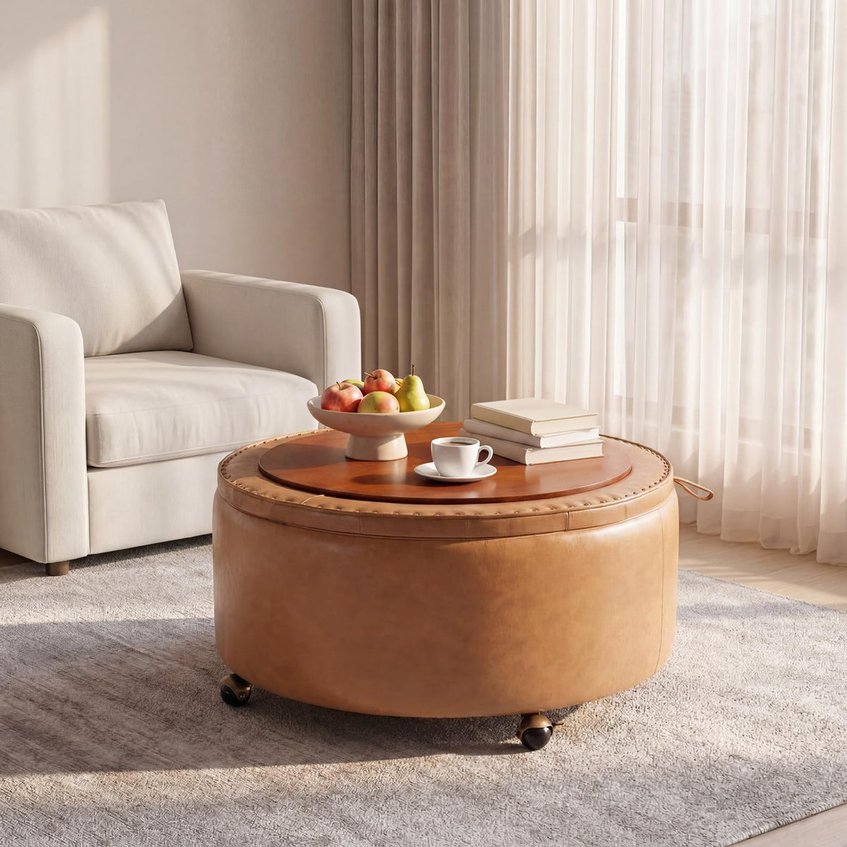 SUNBURY 29" Round Storage Ottoman, Reversible Tray, Cognac