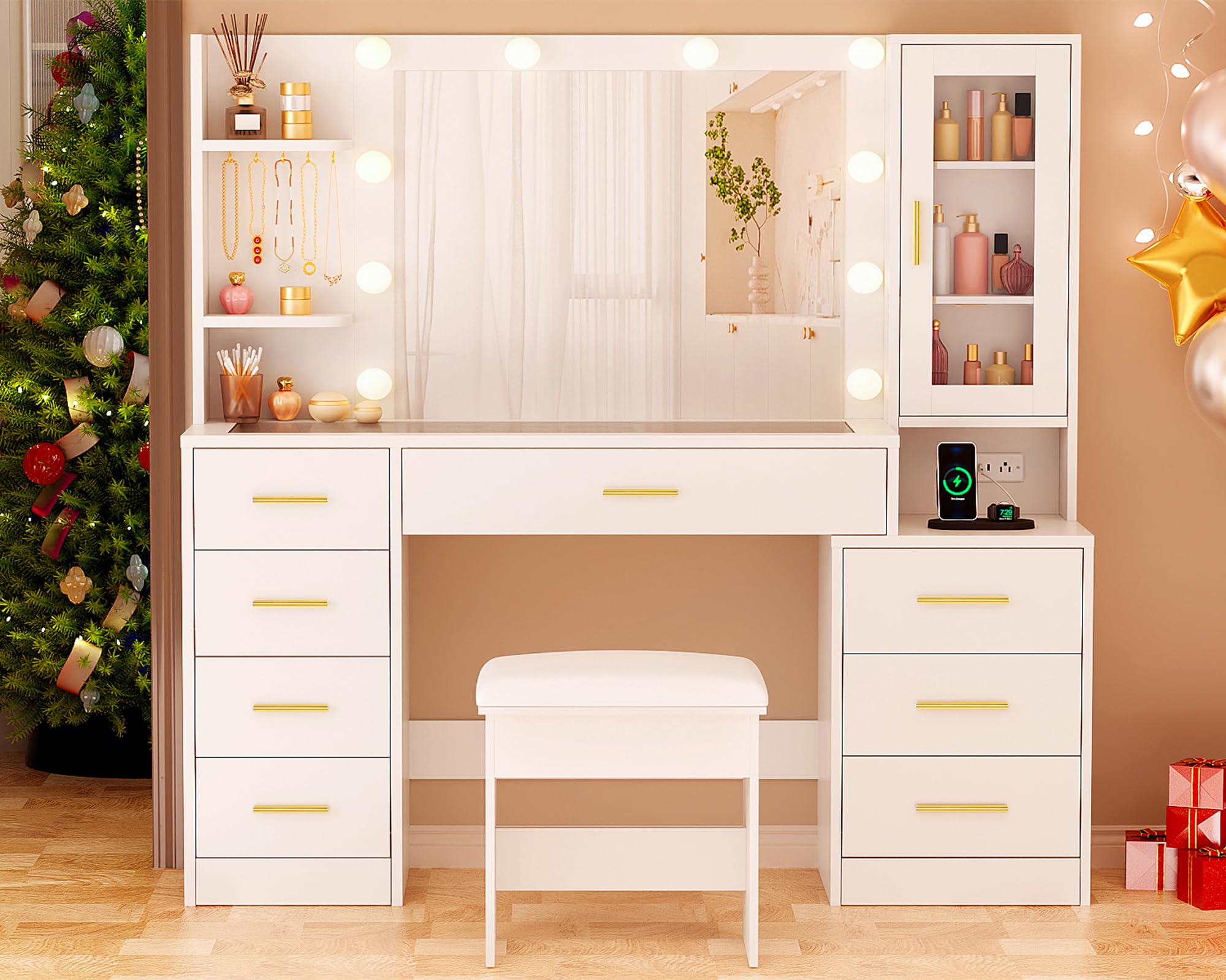 ANWBROAD 49.2" Large Vanity Desk with Mirror and Lights White Makeup Vanity Desk with Glass Top and Power Outlet 8 Drawers Nightstand 5 Hooks Vanity Table with Stool for Bedroom Women Girls UBDT88W