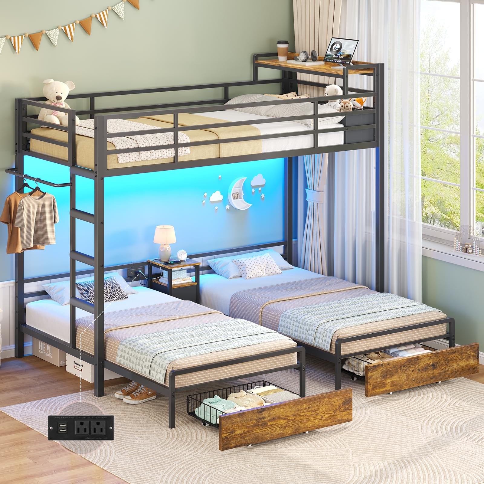 Triple Twin Bunk Bed with LED Lights & Storage