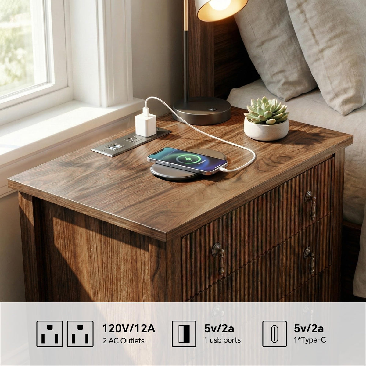 FUSUNBAO Set of 2 Nightstands with Charging Station&3 Fluted Drawers,Walnut