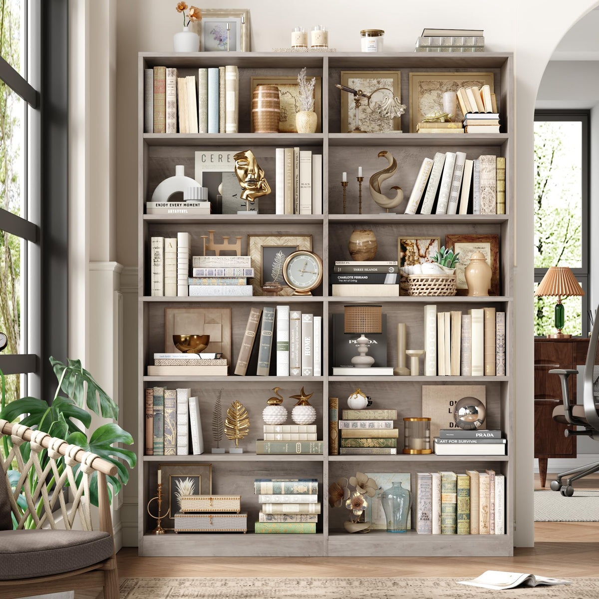 FACBOTALL Bookshelf Tall Bookcase, 6-Tier Double Wide Bookshelves,Wash Grey