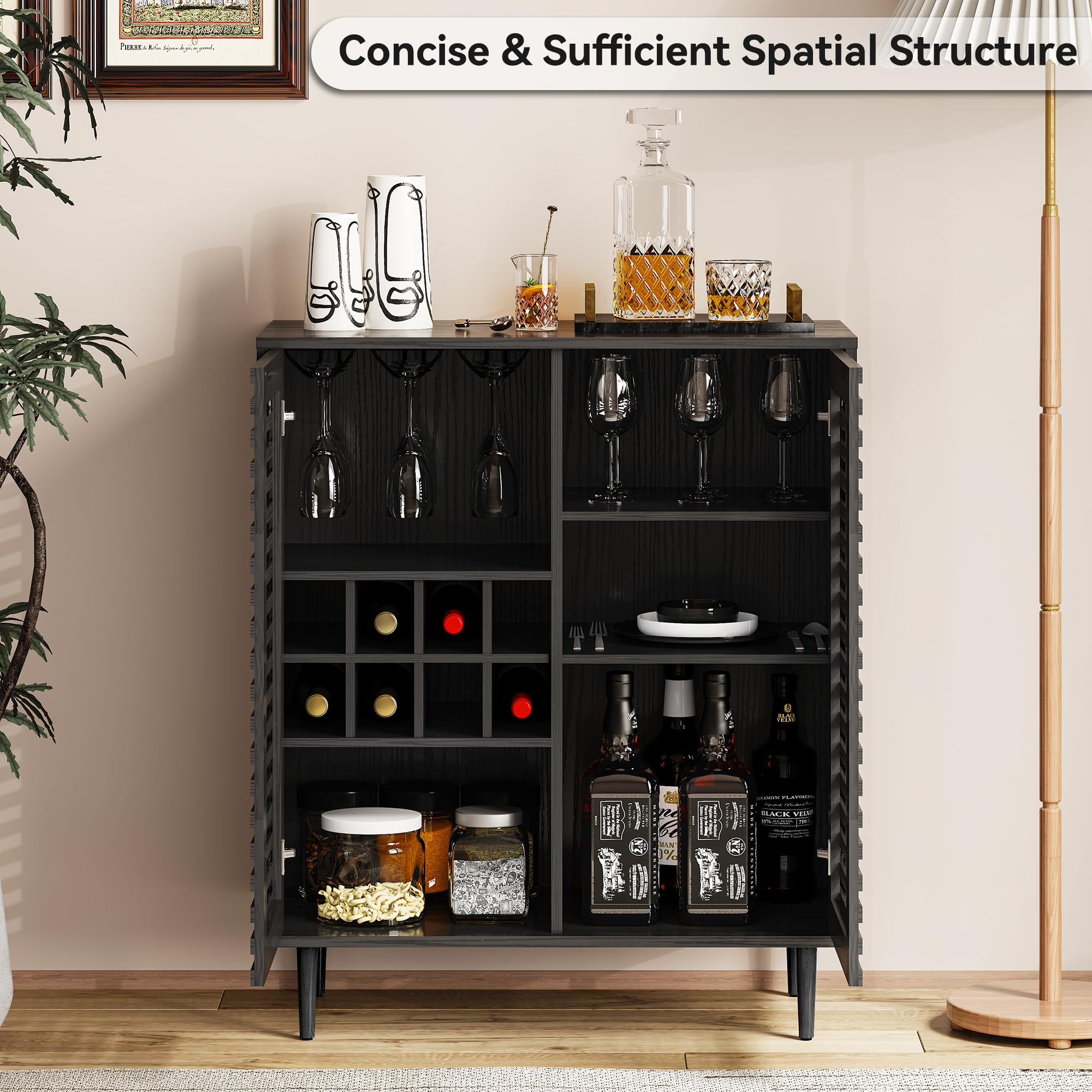 ZOSQUARE Mid Century Bar Cabinet with Wine Racks, Modern Liquor Cabinet with Slatted Doors for Dining Room, Living Room (Black)