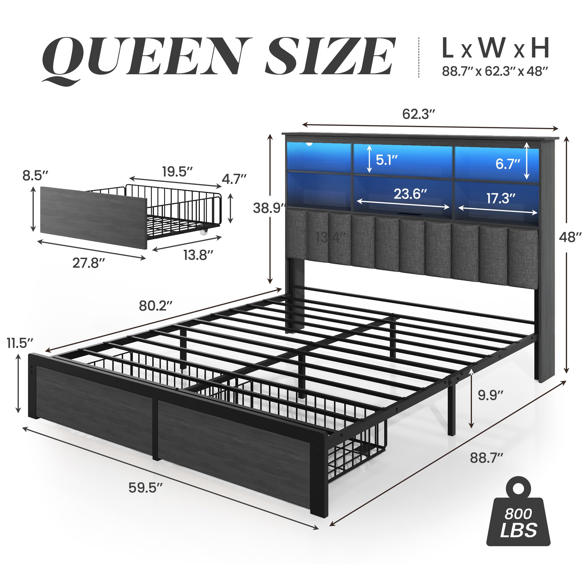 Lifezone Queen Bed Frame with Headboard, Queen Bed Frame with High Storage Bookcase Headboard, 2 Storage Drawers & Charging Station, No Box Spring Needed/Noise Free/All-Metal Support, Rustic Grey
