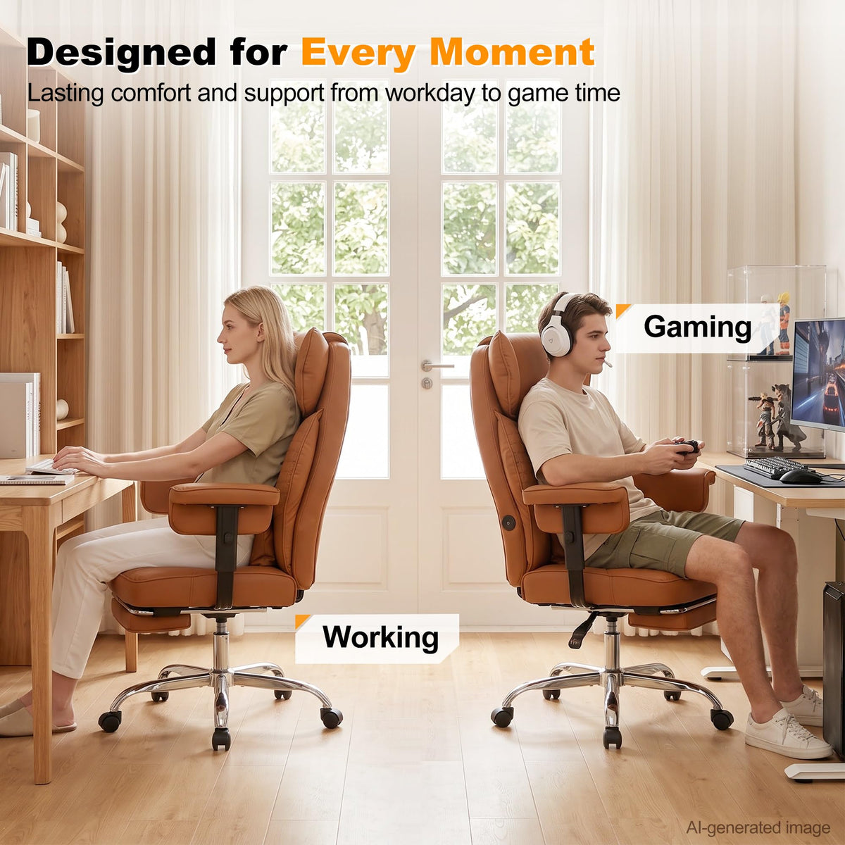 BOWTHY Kneading Massage Office Chair with Footrest,90-135°Reclining Office Chair,Ergonomic Computer Desk Chair,Gaming Chair with Lumbar Support,Leather Executive Chair with Adjustable Armrests,Brown