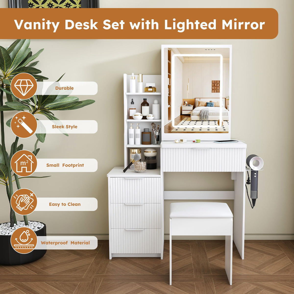 Fluted LED Makeup Vanity