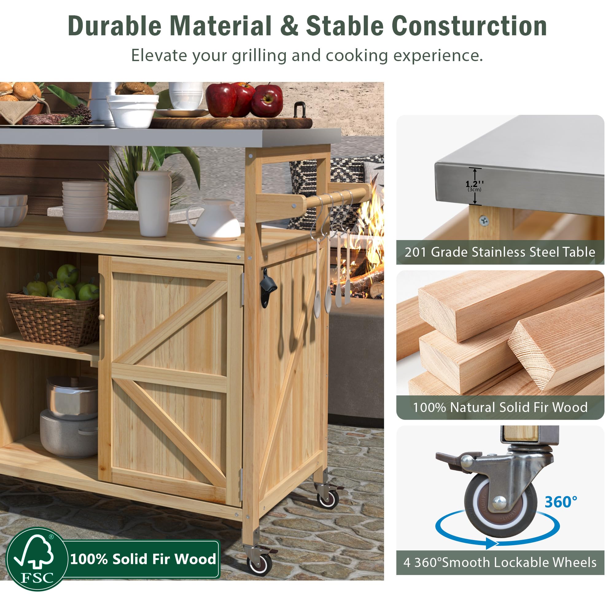 Outdoor Kitchen Rolling Bar Cart with Storage Cabinet, Farmhouse Solid Wood Outdoor Grill Table with Stainless Steel Top, Spice Rack and Towel Rack, Perfect for Barbecue Poolside Patio (Natural)