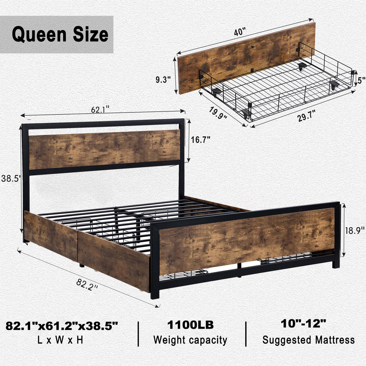 Ailisite Queen Size Bed Frame with Headboard & 4 Storage Drawers, Metal Platform Bed Frame Queen Size with Charging Station,Wood Queen Bed with LED Lights,No Box Spring Needed,Noise Free,Rustic Brown