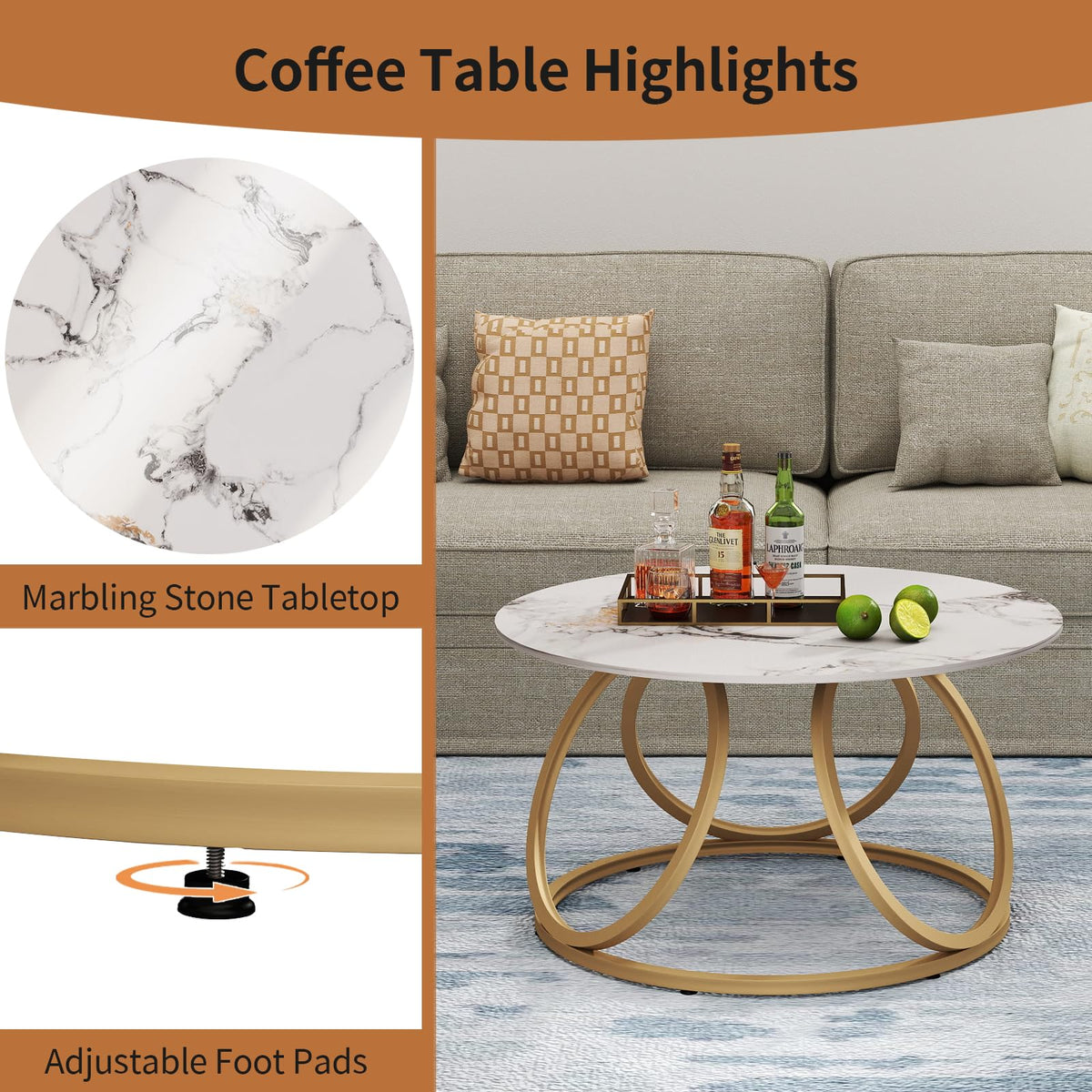 Round Gold Marble-Look Coffee Table