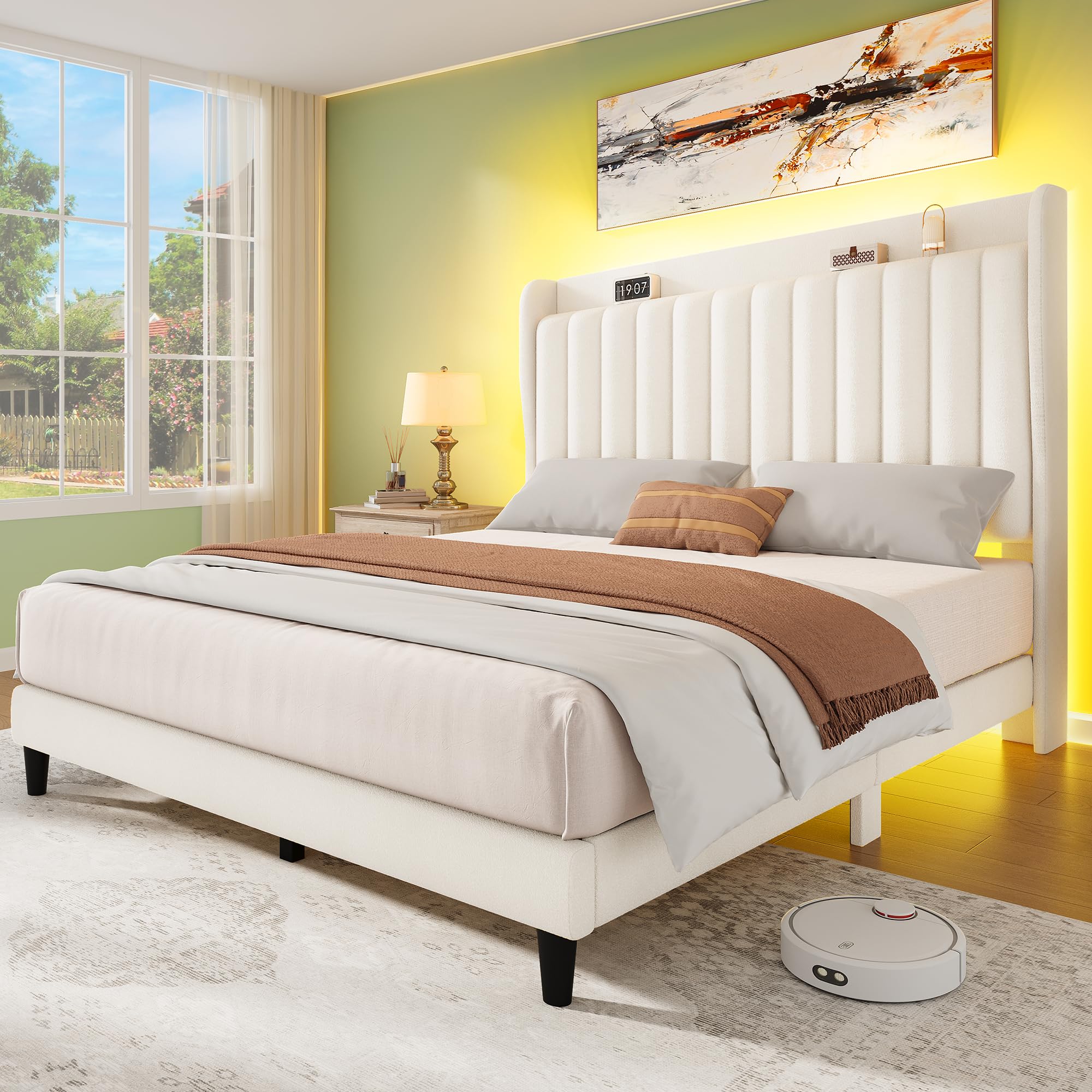 Queen LED Bed Frame with Adjustable Velvet Headboard