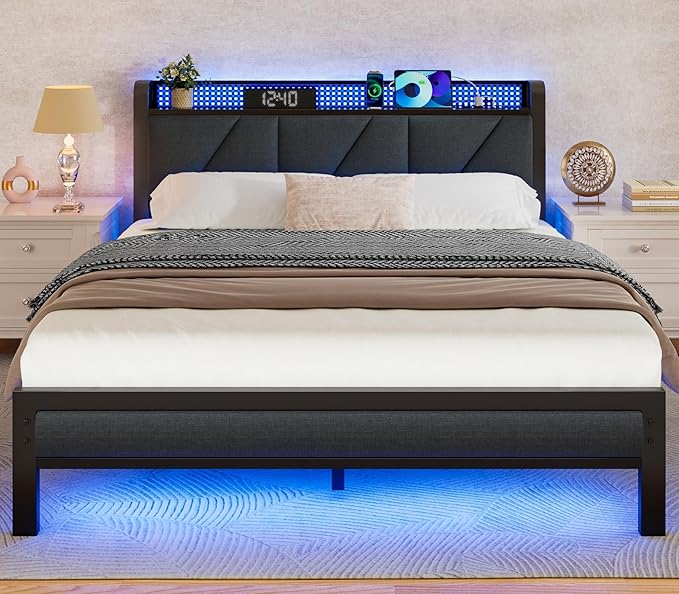 Platform Bed Frame with LED Headboard & Charging Station