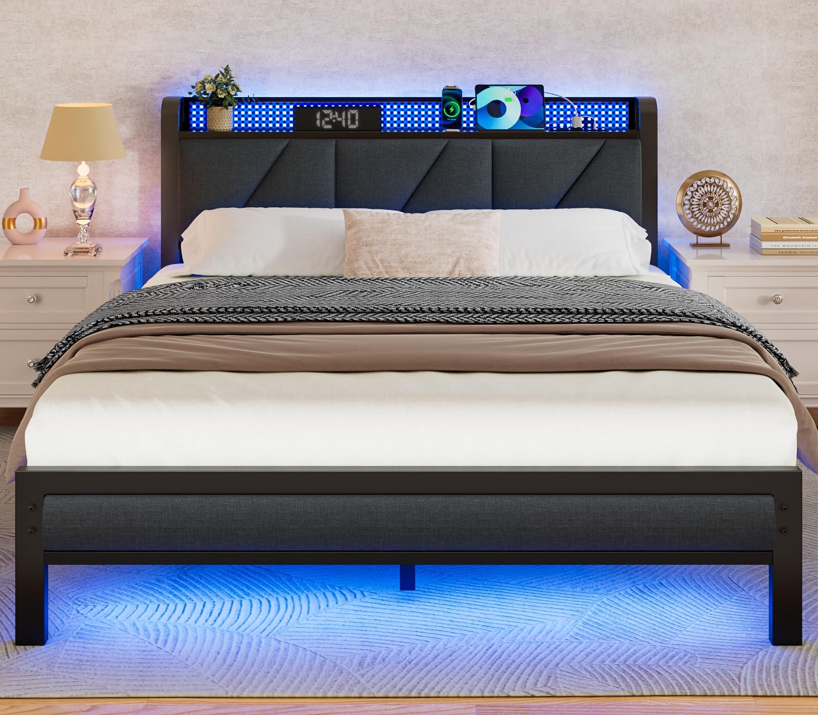 Platform Bed Frame with LED Headboard & Charging Station